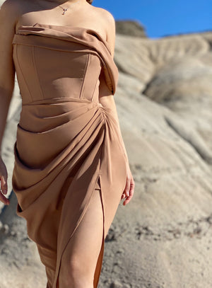 Audrey Drape One Shoulder Midi Dress in Toffee