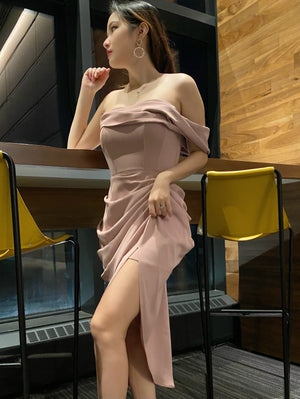 Audrey Drape One Shoulder Midi Dress in Dusty Rose